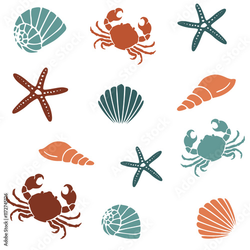 seamless pattern with seaweeds, corals, seashells, starfishes and sea urchin isolated. Underwater bouquet, Illustration for greeting cards,