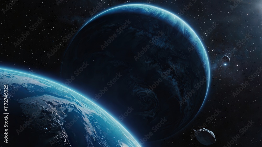 Obraz premium neptune, earth, planet, globe, space, world, map, blue, sphere, global, astronomy, 3d, night, black, ocean, atmosphere, illustration, isolated, universe, sun, america, cloud, nature, sea, science, con