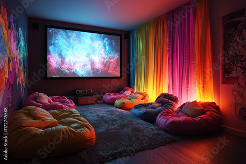 Home theater with beanbags, nebula projection, colorful curtains, and vibrant wall art photo