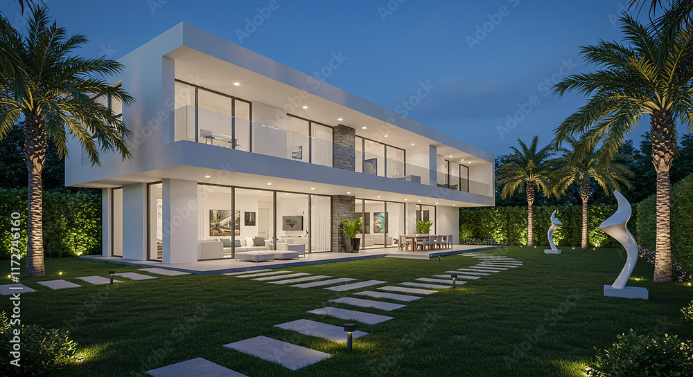 Obraz premium Modern Luxury Waterfront Villa at Night Illuminated Exterior Tropical Landscape