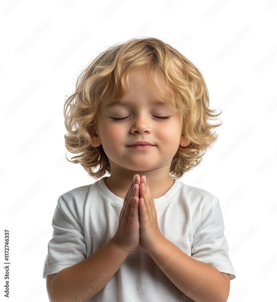 Adorable child praying with closed eyes, wearing a white shirt, peaceful expression, symbol of innocence and spirituality, portrait of young boy isolated on transparent background Adorable child praying with closed eyes, wearing a white shirt, peaceful expression, symbol of innocence and spirituality, portrait of young boy isolated on transparent background