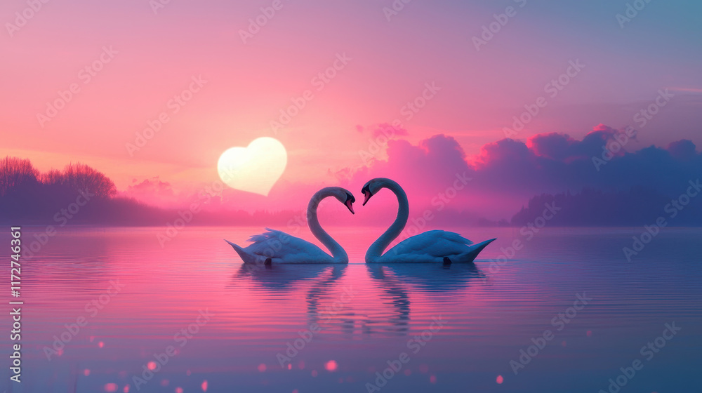 Fototapeta premium Two swans forming heart shape with their necks at sunset