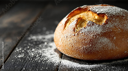 Sourdough Bread on a Rustic Black Wooden Background with Warm Lighting for National Sourdough Bread Day photo