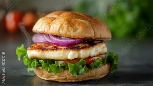 Grilled halloumi burger with fresh lettuce, tomato, and red onion in a golden toasted bun