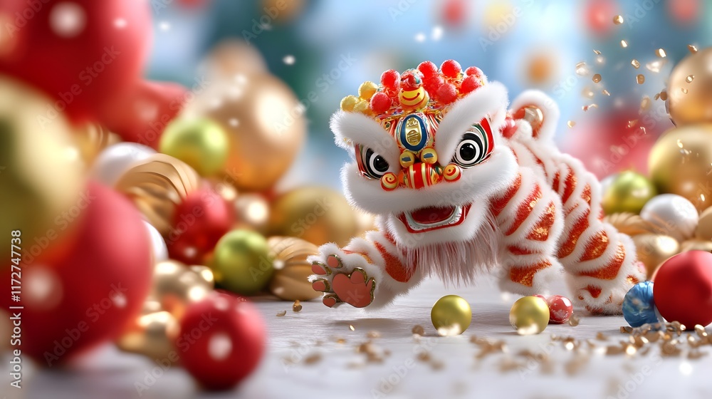 Fototapeta premium Festive lion dance performance cultural celebration digital artwork colorful environment close-up view tradition and joy