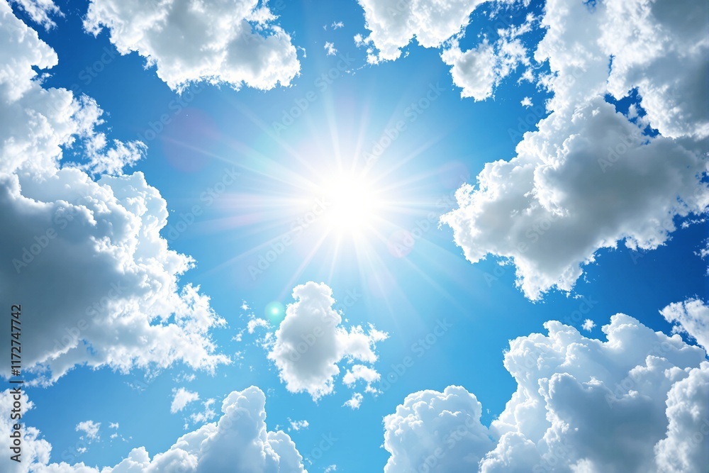 The image shows the sun shining brightly with rays spreading outward, surrounded by soft white clouds in a vivid blue sky. Concept of serenity. Ai generative The image shows the sun shining brightly with rays spreading outward, surrounded by soft white clouds in a vivid blue sky. Concept of serenity. Ai generative