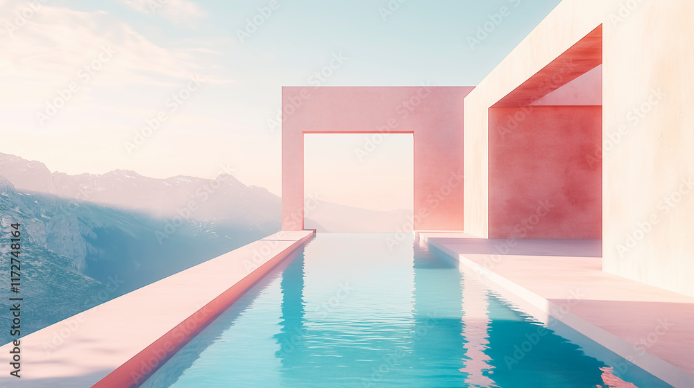 Fototapeta premium Infinity pool overlooking a serene lake and misty mountains.