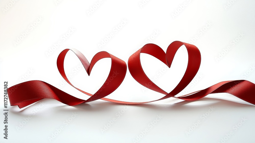 Two red paper hearts intertwined with ribbon, symbolizing love and affection against a light background. Two red paper hearts intertwined with ribbon, symbolizing love and affection against a light background.