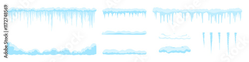 Snow cap. Icicle on the roof. Ice frost vector set. Snowfall template. Snowfrift mock up. Snowy pile set.