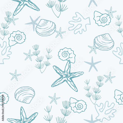 seamless pattern with seaweeds, corals, seashells, starfishes and sea urchin isolated. Underwater bouquet, Illustration for greeting cards,