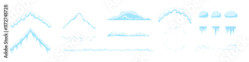 Snow cap. Icicle on the roof. Ice frost vector set. Snowfall template. Snowfrift mock up. Snowy pile set.