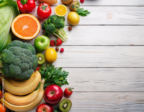 Healthy food background. Food photography different fruits and vegetables on white wooden ta photo