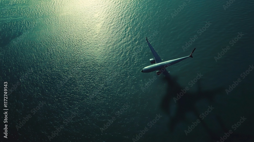 Fototapeta premium Airplane Flying Over Ocean in High-Quality Aerial View with Shadows