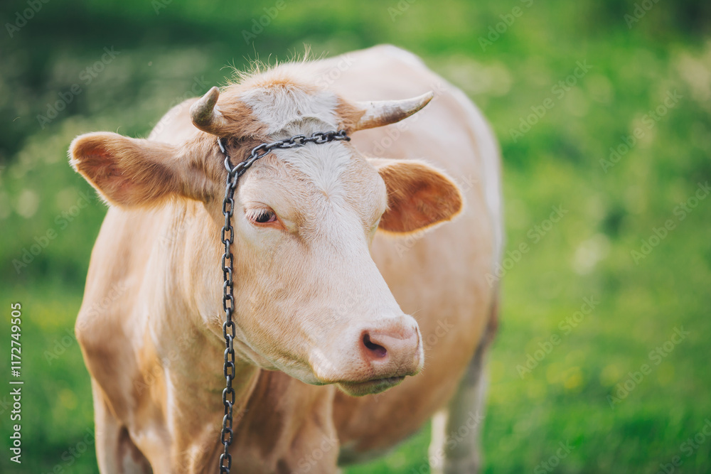 Close Up portrait of a cute friendly cow on a summer day on a green meadow in a countryside. cow in land Close Up portrait of a cute friendly cow on a summer day on a green meadow in a countryside. cow in land