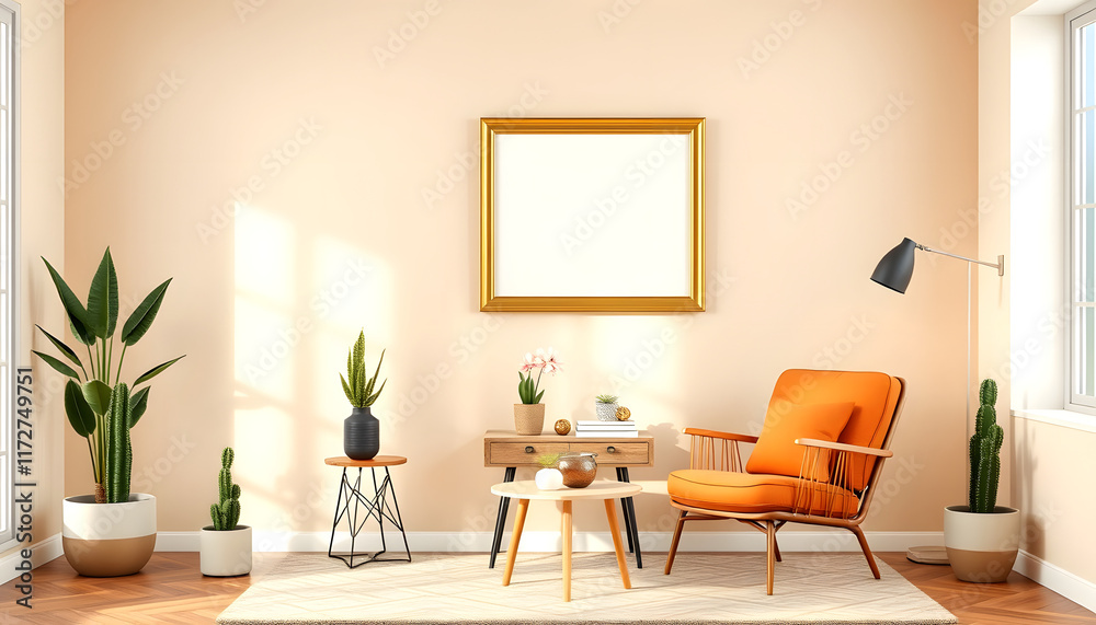 Mid-century modern living room with gold frame mockup on beige wall. Retro interior design, stylish furniture, houseplants Mid-century modern living room with gold frame mockup on beige wall. Retro interior design, stylish furniture, houseplants