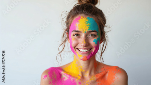 Smiling woman with face covered with bright multicolored shades of Holi powder, festival colors for campaigns and visual materials related to cultural festivals, art themes or advertising photo