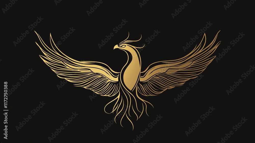 Obraz premium rising phoenix. simple golden line art isolated on black background