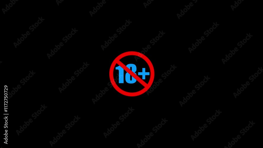 Under 18 forbidden ban icon sign animation. Eighteen or older persons adult content 18 plus only rating animation isolated on black background.