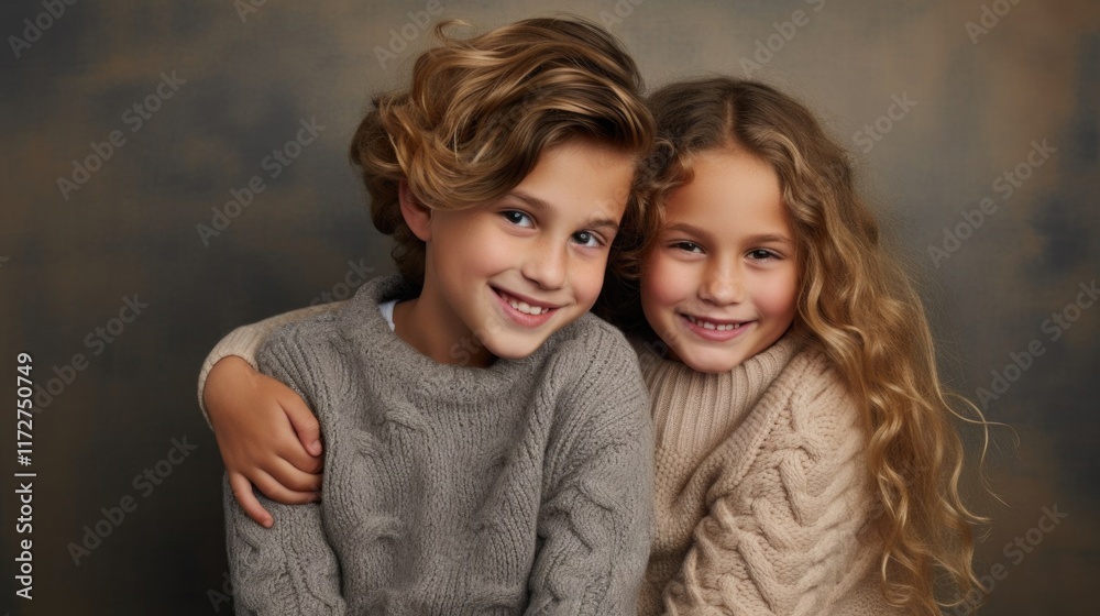 Fototapeta premium Smiling Siblings in Cozy Knitwear on a Pastel Background, showcasing sibling love and warmth, perfect for family and lifestyle themes. National Siblings Day. Family Day. World Kindness Day.