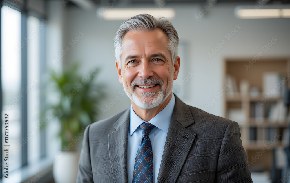 Happy mid aged older business man executive standing in office. Smiling 50 year old mature confident professional manager, confident businessman investor looking at camera, headshot close up portrait. Happy mid aged older business man executive standing in office. Smiling 50 year old mature confident professional manager, confident businessman investor looking at camera, headshot close up portrait.
