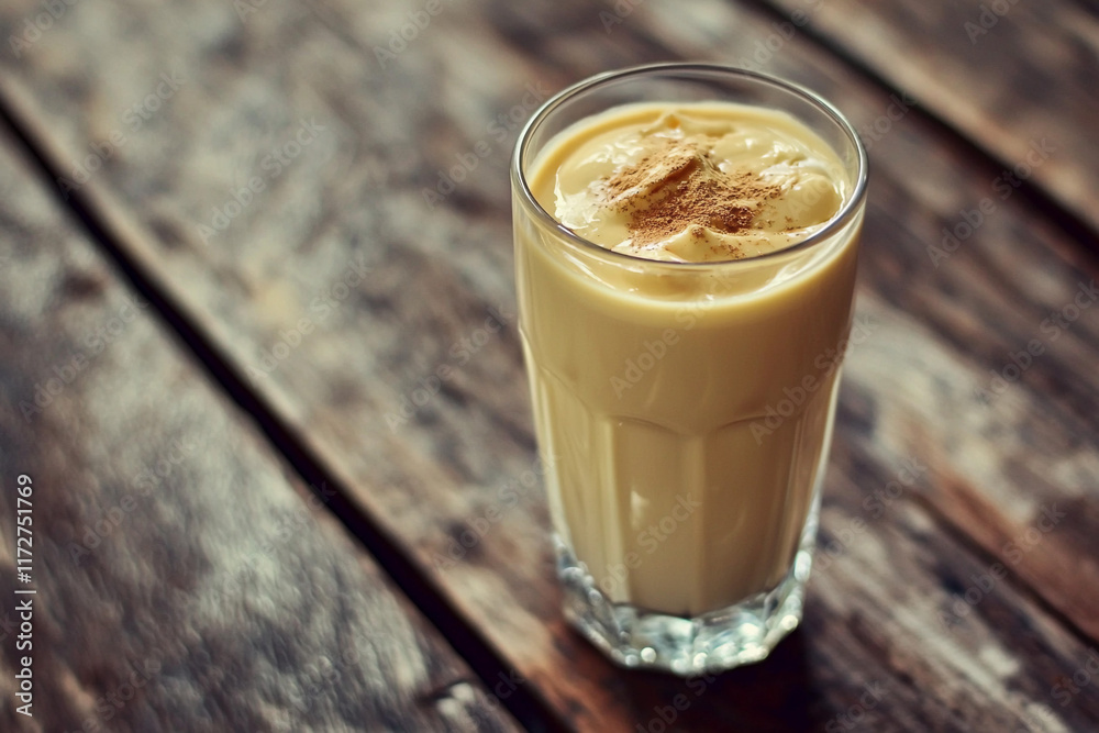 Creamy drink in glass on wooden table Creamy drink in glass on wooden table