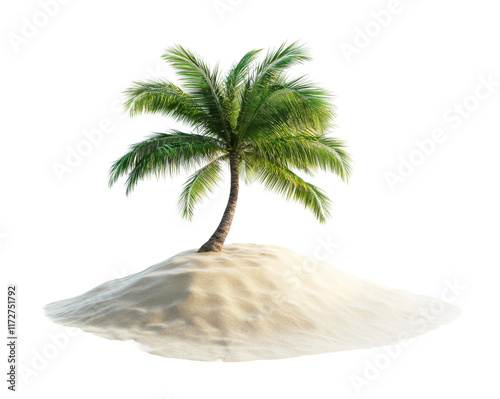 Lone desert island with a single palm tree growing on a sandy dune, tropical beach escape concept, isolated on white background