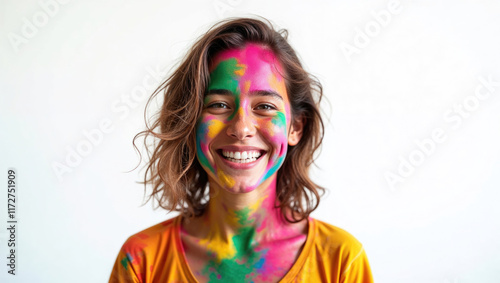 Smiling woman with face covered with bright multicolored shades of Holi powder, festival colors for campaigns and visual materials related to cultural festivals, art themes or advertising photo