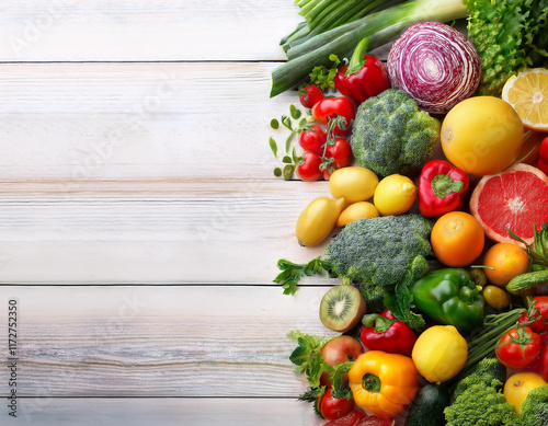 Healthy food background. Food photography different fruits and vegetables on white wooden ta photo