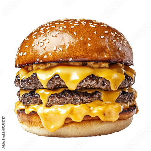 double smash cheese burger on a potato bun isolated on a white background