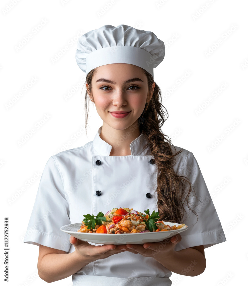 Smiling female chef in white uniform holding a plate of colorful salad, professional cook, culinary presentation, fresh ingredients, and gourmet food isolated on transparent background Smiling female chef in white uniform holding a plate of colorful salad, professional cook, culinary presentation, fresh ingredients, and gourmet food isolated on transparent background
