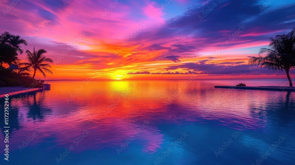 Captivating Wide-Angle View of a Tranquil Beach at Sunset with Vibrant Colors Reflecting on Calm Waters Captivating Wide-Angle View of a Tranquil Beach at Sunset with Vibrant Colors Reflecting on Calm Waters