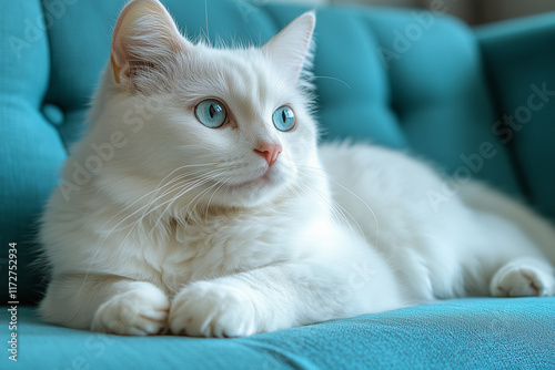 A white cat with blue eyes is lying on a blue sofa photo