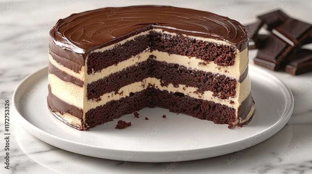 Sliced chocolate fudge cake on white plate, marble counter, chocolate pieces Sliced chocolate fudge cake on white plate, marble counter, chocolate pieces
