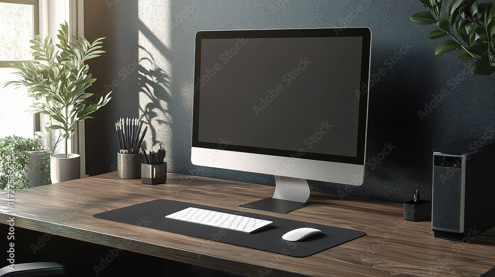 Fototapeta premium Modern Minimalist Office Desk Setup with Computer and Notebook