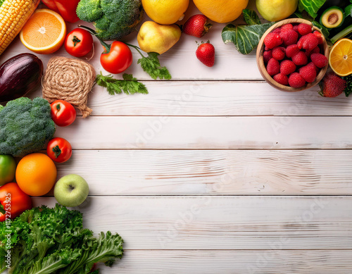 Healthy food background. Food photography different fruits and vegetables on white wooden ta photo