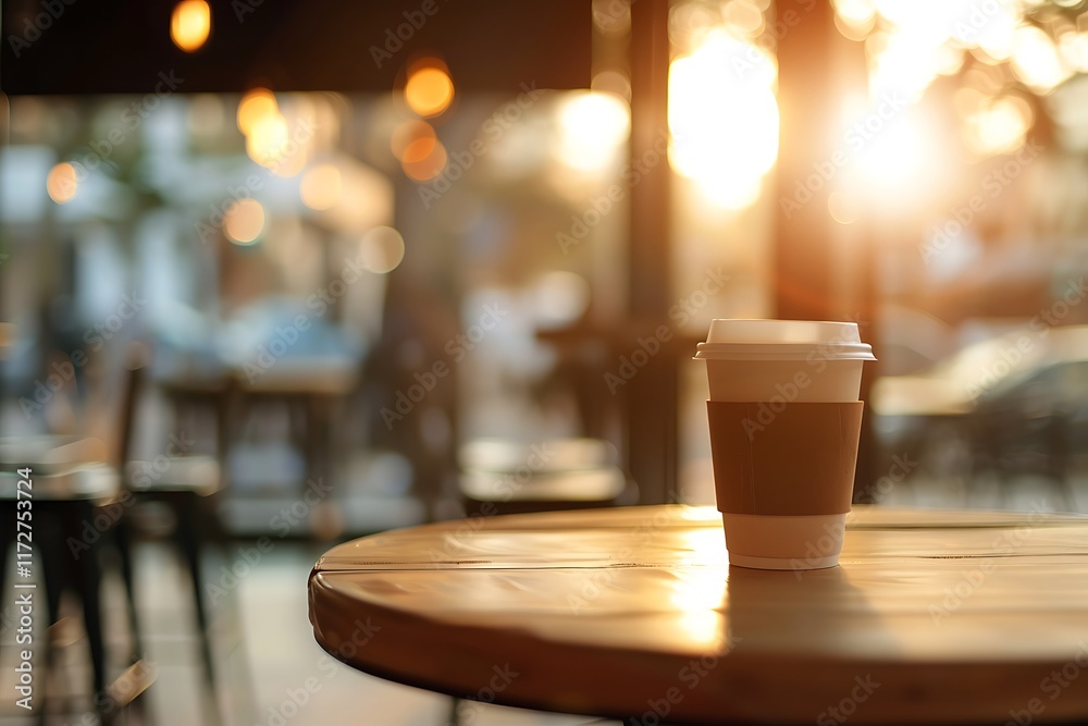 Warm Coffee Cup on Wooden Table with Soft Sunset Background Warm Coffee Cup on Wooden Table with Soft Sunset Background