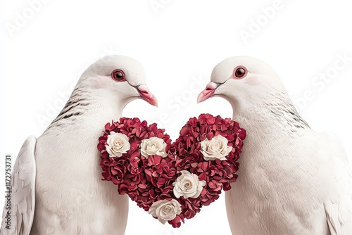 Two doves hold a floral heart symbolizing love and unity in a serene tableau. photo