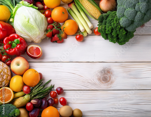 Healthy food background. Food photography different fruits and vegetables on white wooden ta photo