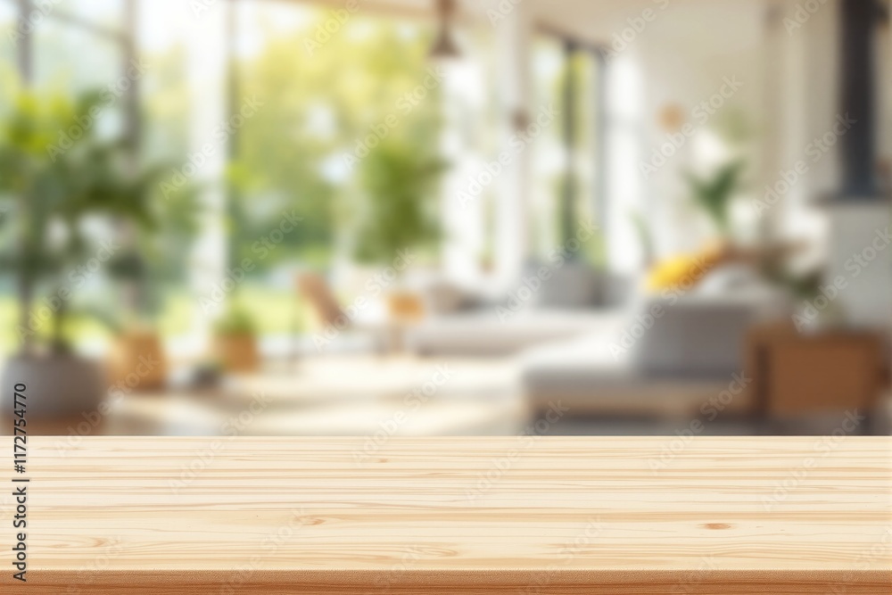 Wooden countertop with natural grain pattern in a bright living room setting, blurred green plants and furniture in the background, concept of product display or presentation. Ai generative Wooden countertop with natural grain pattern in a bright living room setting, blurred green plants and furniture in the background, concept of product display or presentation. Ai generative