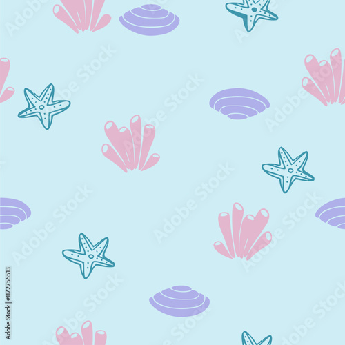 Set of sea style seamless patterns. Underwater creatures, starfish, sea horse, coral, fish. marine, nautical endless wallpaper, background. Endless