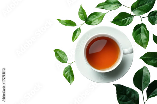 Fresh brewed tea in white ceramic cup with scattered green tea leaves, aromatic and natural hot drink, refreshing beverage isolated on transparent background