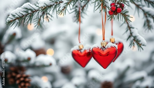 Red heart decorations on a tree and snow in a winter holiday setting photo