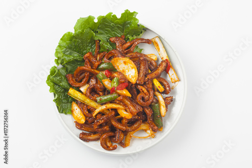 Tableau sur toile A food made by frying eel in oil with vegetables such as onions, peppers, green onions, and various seasonings