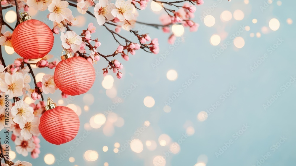 Spring Blossoms with Red Lanterns Against Soft Blue Background