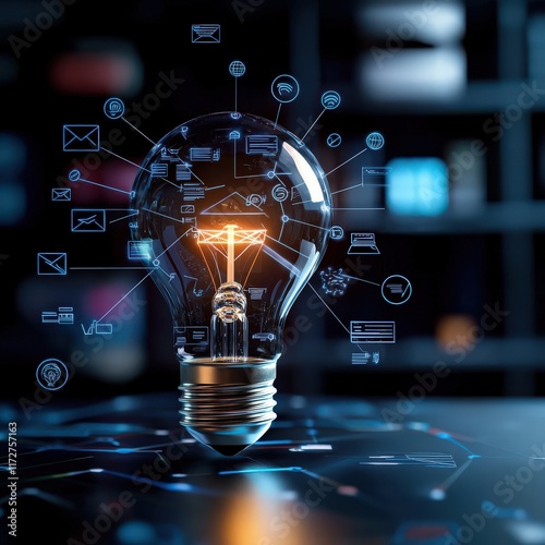 Dynamic concept of a light bulb glowing amidst a network of interconnected digital education