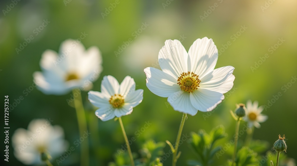 White Anemone Flowers Blooming Gracefully in Summer Sunshine. White Anemone Flowers Blooming Gracefully in Summer Sunshine.