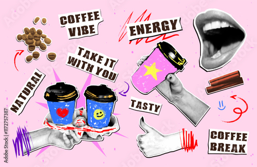 Vibrant collage of coffee-themed graphics. Features include coffee beans, cups, and hand-drawn elements. Ideal for social media posts, marketing materials, and branding for coffee businesses.
