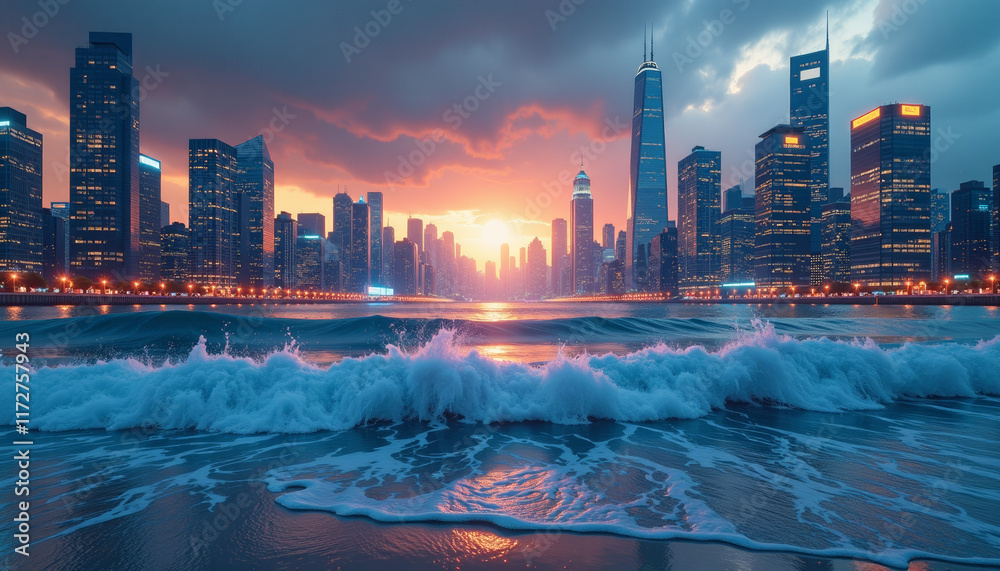 Obraz premium Sunrise over a Vibrant Cityscape with Waves