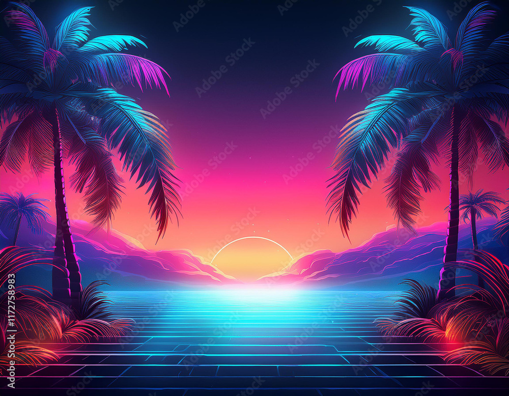 Naklejka premium beautiful fantastic sunset on the beach with palm trees and a big evening sun against the background of the starry sky in retrowave style