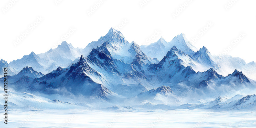 Snowy mountain peaks with misty valleys, winter landscape, majestic alpine scenery, frozen wilderness, cold weather, travel adventure, natural beauty, isolated on transparent background